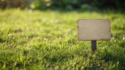 Close-up of a plain paper sign on a grassy field, slightly weighed down by a small stone, with the grass softly blurred.