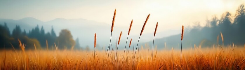 Fototapeta premium Vertical meadow with golden grasses and soft wildflowers, warm and earthy tones, 3D illustration