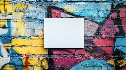 Fototapeta premium Paper note on a graffiti-covered concrete wall, with the focus on the clean white of the paper against the colorful background.