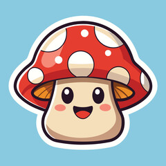 A whimsical sticker design of a happy mushroom character with a smiling face