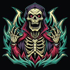 a bone-chilling death metal design, featuring skeletal hands and sinister symbols