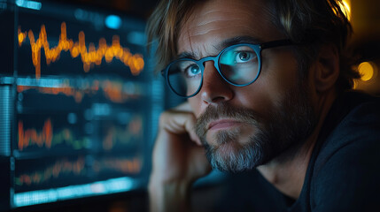 Stock Market Investor Analyst Broker Analyzing Financial Data in Low Resolution