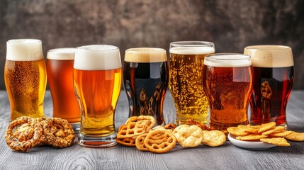 Glasses with different types of beer and snacks on grey wooden table