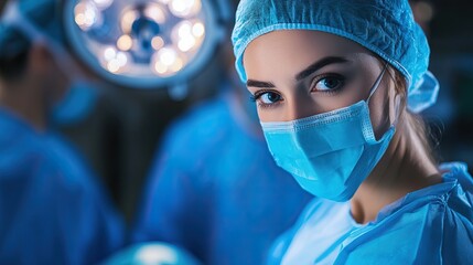 Close-up of female surgeon with blue eyes wearing surgical mask and cap in operating room with lights