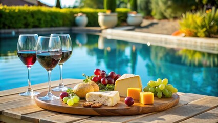 Obraz premium Red Wine and Cheese by the Pool