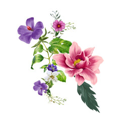watercolor painting of leaves and flower, on transparent background