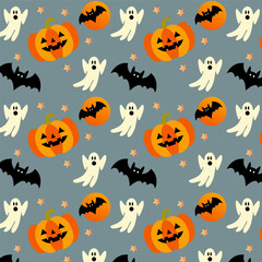 Creepy Halloween Pattern Features Pumpkins, Black Cats, Ghosts, Bats in bold Orange and Black. Ideal for party decorations, wrapping, wallpapers, and festive fabric designs.