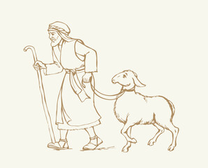 A man leads an sheep for sacrifice. Pencil drawing