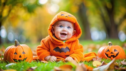 baby in a pumpkin suit with pumpkins on the grass.