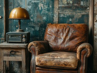 A close-up of a classic vintage leather armchair with cracked, worn edges, next to a small brass lamp on a wooden table with an old-fashioned radio, hinting at timeless comfort