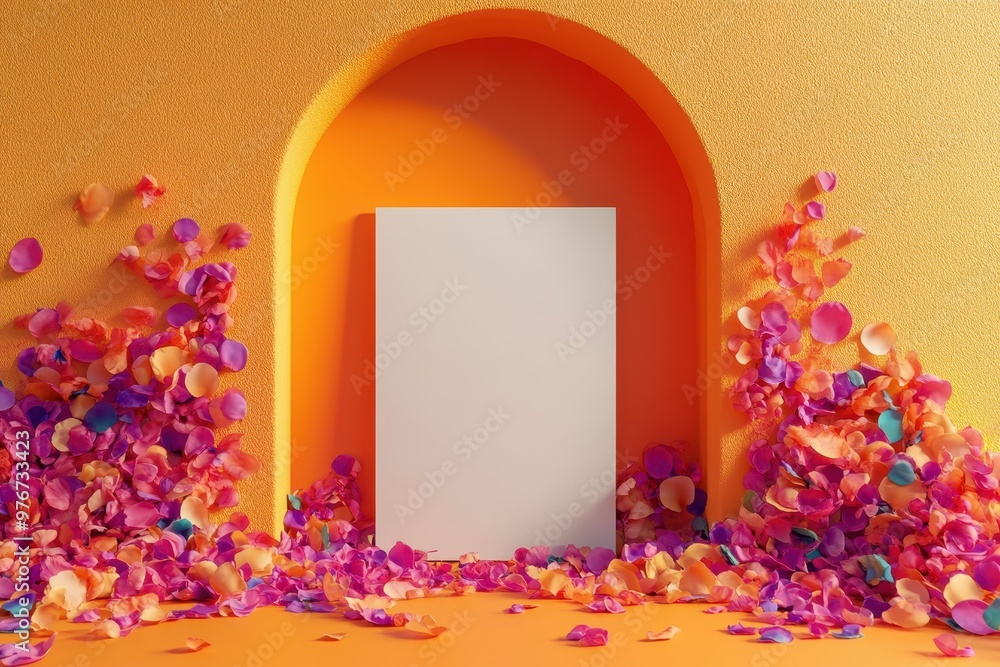 Poster a white frame is placed in front of a colorful archway