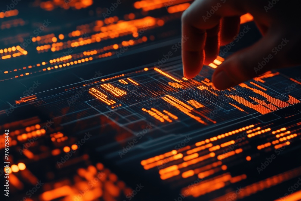 Poster digital transformation concept with hand interacting with futuristic interface.