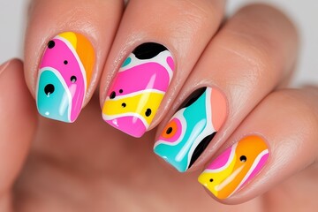 Naklejka premium vibrant, retro inspired short nail art design with abstract wavy patterns and bold colors, shot in close up
