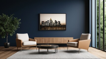 Modern Minimalist Living Room with Cityscape Artwork