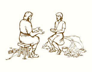 Vector drawing. Jacob gives soup to Esau