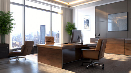Fototapeta premium An executive office suite with a large desk, leather chair, and a modern design.