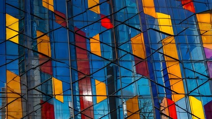 A vibrant stained glass window with intricate patterns and colorful mosaic designs, casting light through the old architecture, creating a decorative, artful atmosphere