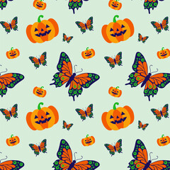 Halloween pattern featuring butterflies, pumpkins, and spooky elements in autumn inspired background in black and orange colors, perfect for Halloween party decor, trick or treat wrapping
