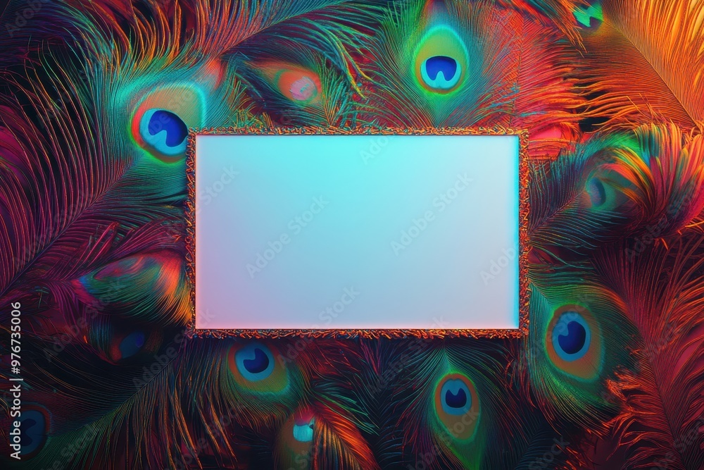 Poster a colorful image of peacock feathers with a white frame