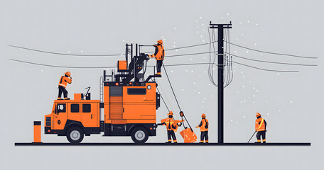 Utility Workers Operating Machinery for Power Line Maintenance