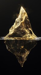 Obraz premium A golden iceberg with a glowing tip emerges from the water against a black background.