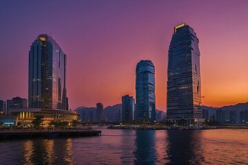 Fototapeta premium Futuristic Sunset City with Neon Lights Background