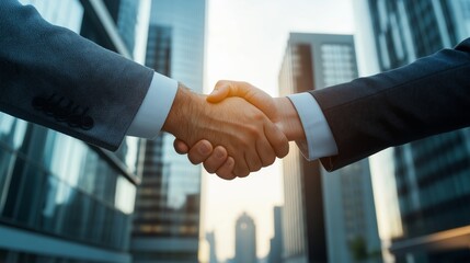 Two business professionals shaking hands outside modern office buildings, signifying partnership and agreement.