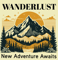 Wanderlust Yellows new adventure awaits, Adventure outdoors mountain graphic, sunset mountain art, hand drawn mountain illustration art, vintage retro hill artwork, autumn winter retro t-shirt design  © jobaida