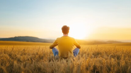 A person enjoying a serene sunset in a golden wheat field, reflecting on nature's beauty during the evening hours.