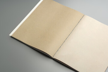 A blank open notebook resting on a neutral background during daylight