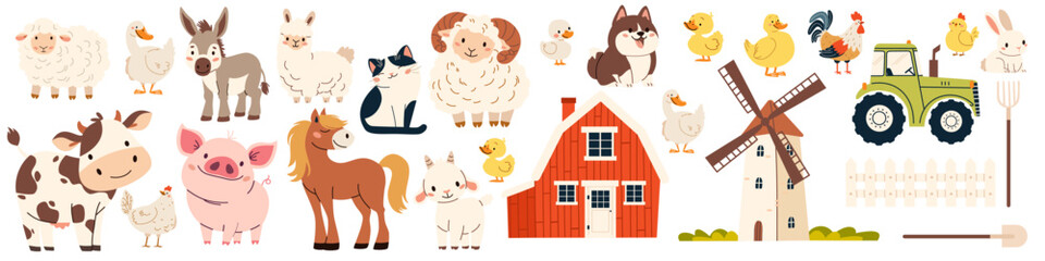 A collection of farm pets and buildings. Mill farm farm tractor fork shovel shovel fence. Cow pig lamb sheep sheep horse dog dog cat goose goose duck hen rooster goat. Vector illustration © Alena