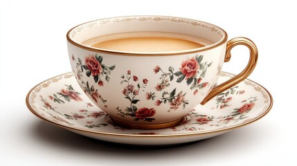 Fototapeta premium A decorative teacup with floral design and saucer, filled with tea.