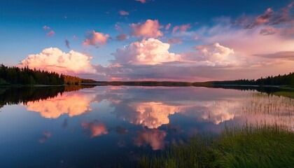 Combine a calm lake at sunset with soft pastel colors, cotton candy clouds, and a mirror-like reflection on the water to create a visually appealing sight.