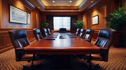 An executive meeting room with a large table, leather chairs, and high-tech facilities.