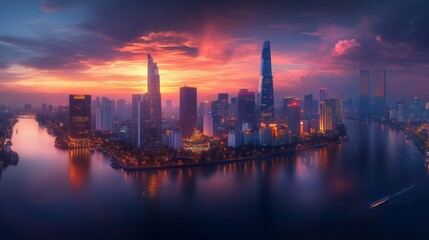 Obraz premium Panoramic of Ho chi minh city or Saigon city at twilight in Vietnam.