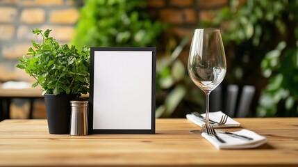 Blank Menu Mockup: A minimalistic, elegant mockup showcasing a blank menu frame on a rustic wooden table setting, complete with a wine glass, cutlery, and a potted plant. 