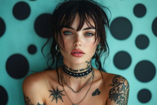 Brunette goth rocker, female, fashion and make-up shoot Portrait. Gothic, Goth, Emo, New Wave, Dark style fashion. Dark smokey make-up, red lipstick. Dramatic. Elegant.	
