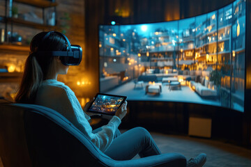 Young women watching VR movies and TV shows indoors