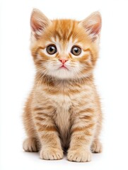Adorable Ginger Kitten Sitting on White Background