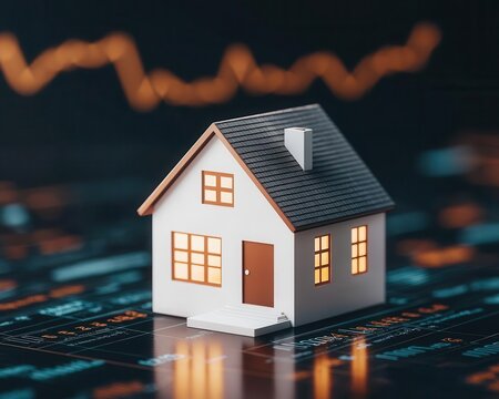 A house surrounded by glowing percentages and financial symbols, with a flat-rate graph hovering above, symbolizing a fixed mortgage