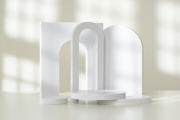 Minimalistic white display framed by a white curved border against a white background