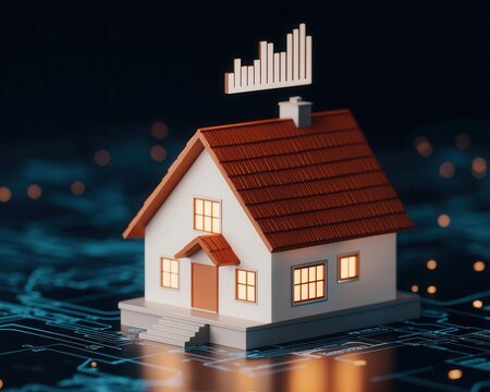 A house surrounded by glowing percentages and financial symbols, with a flat-rate graph hovering above, symbolizing a fixed mortgage