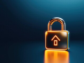 Fototapeta premium A golden padlock shaped like a house, with the words Fixed-Rate Mortgage glowing, representing financial stability