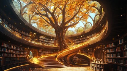 Obraz premium Enchanting Library with Ancient Tree: A Magical Oasis for Book Lovers - Perfect as a Poster for Cozy Spaces and Imaginative Interiors