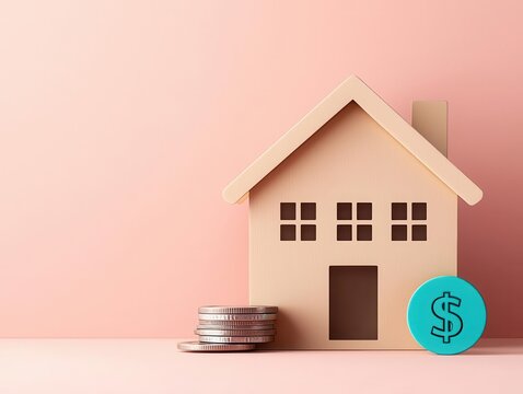 A house icon with glowing flat-rate percentages, surrounded by financial symbols, representing the predictability of a fixed-rate mortgage