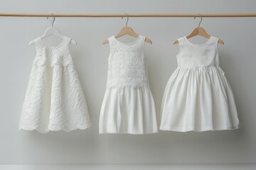 Three Elegant White Dresses Gracefully Hanging on a Clothesline, Bathed in Soft Natural Light, Evoking a Sense of Serenity and Timeless Beauty in a Charming Outdoor Setting