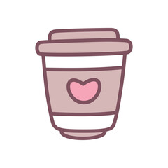 Cute coffee cup icon. Hand drawn illustration of a paper coffee mug decorated with a heart isolated on a white background. Kawaii St. Valentine day sticker. Vector 10 EPS.