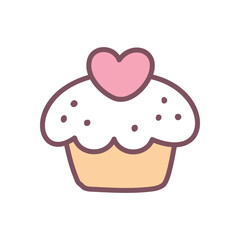 Cute cupcake icon. Hand drawn illustration of a creamy dessert decorated with a heart isolated on a white background. Kawaii St. Valentine day sticker. Vector 10 EPS.