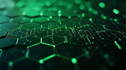 Neon green and black digital hexagons, floating in a high-tech space, glowing lines connecting, holographic effect, sci-fi, 3D rendering with dynamic movement