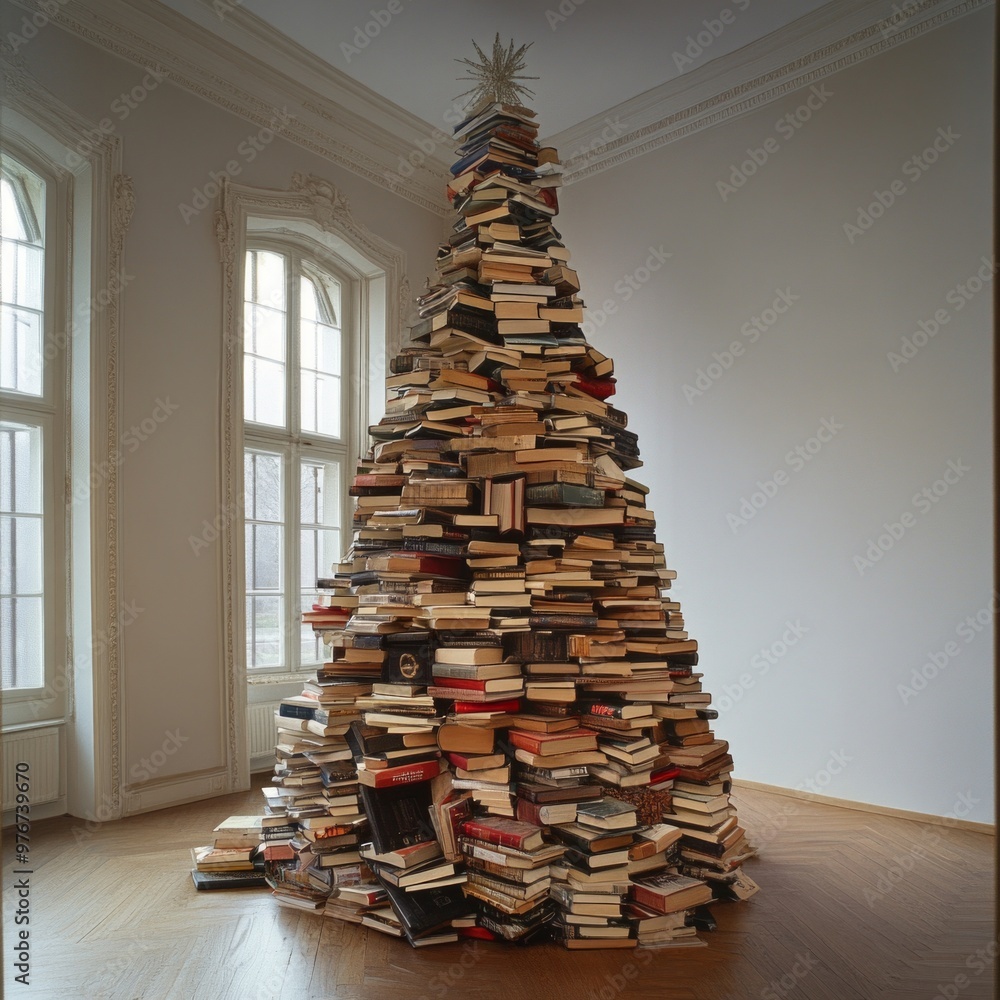 Aufkleber a unique structure made from stacked books resembling a christmas tree. this artistic display combin